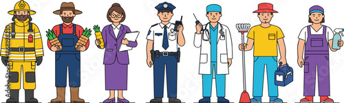 People of Different Professions Standing Together Including Firefighter, Farmer, Teacher, Police Officer, Doctor, Worker and Musician Illustration