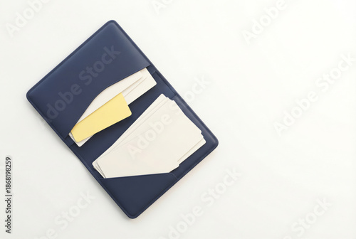 Blue card holder with white and yellow cards