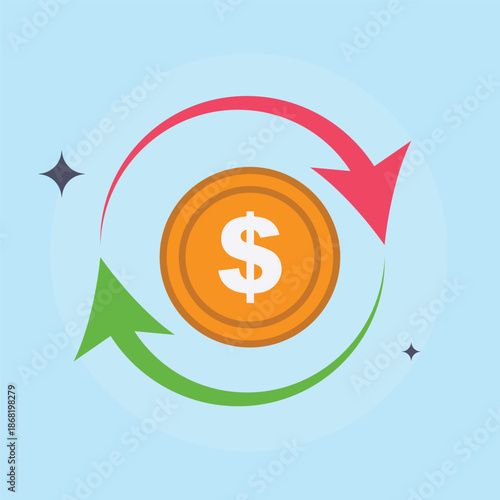 Return of investment icon set. Dollar symbols with arrow. Cost of dollar with arrow down and up. Coin of dollar with loss or growth. Increase and low of revenue. 