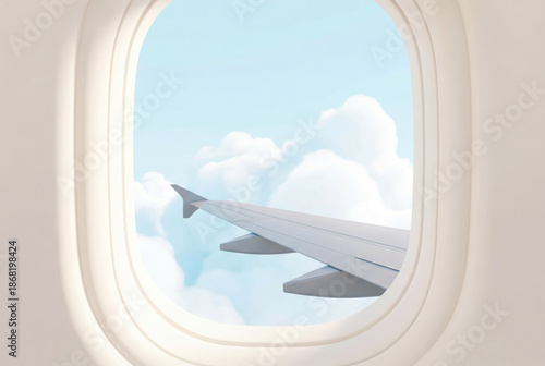 Airplane wing view from window above clouds