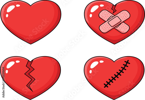Red heart emotion icons set showing love, broken heart, healing and repair concepts isolated on white flat vector illustration