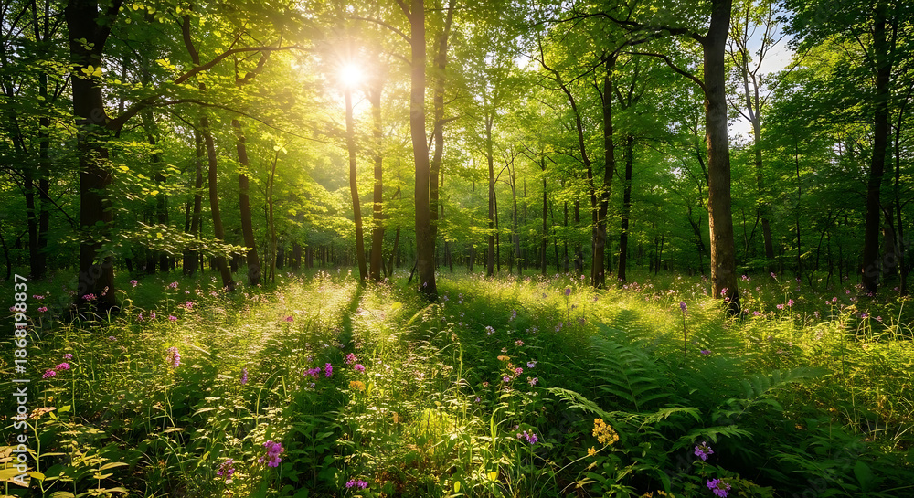 Obraz premium A serene forest landscape with sunlight filtering through the trees and flowers blooming in the underbrush.