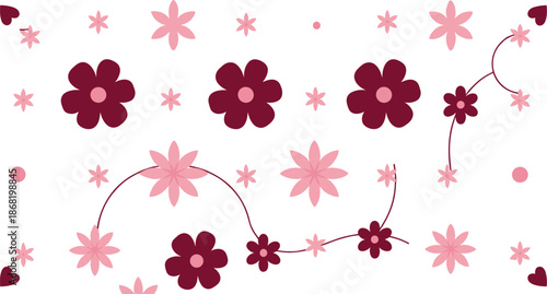 Seamless floral pattern with pink and burgundy flowers, hearts and decorative vines isolated on white flat vector illustration