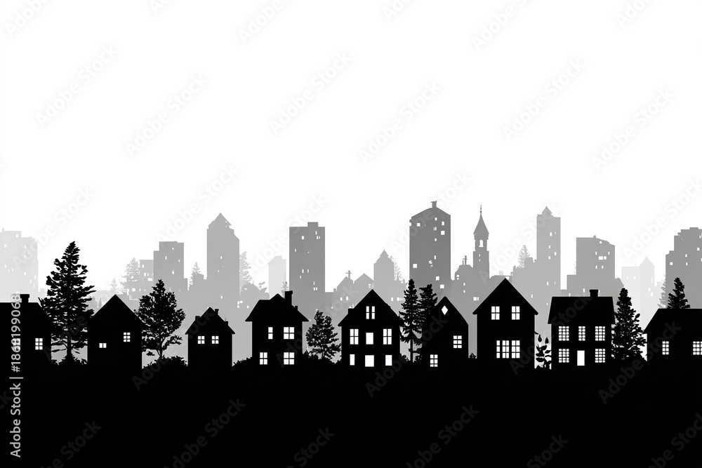 Fototapeta premium Silhouette of residential neighborhood with houses and trees in front of city skyline with tall buildings and towers in grayscale