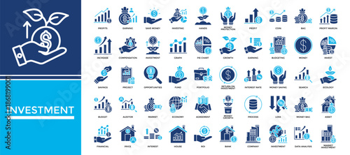 Investment icon set collection. Containing increase, loss, graph, agreement, rate, search, portfolio .Solid vector icons collection