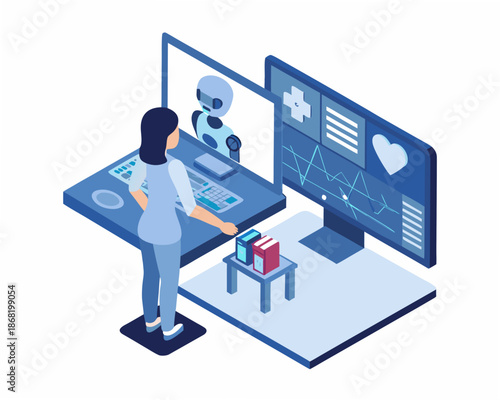 Woman interacting with futuristic AI robot on large computer screen