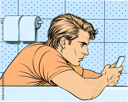 Man engrossed in smartphone while sitting on toilet