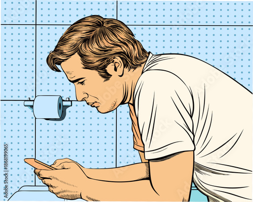 Man intensely focused on smartphone in modern bathroom