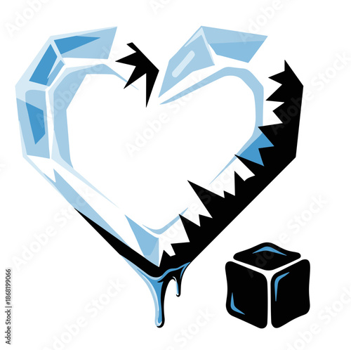 Melting ice heart with a black jagged edge and a cube on a bright blue background