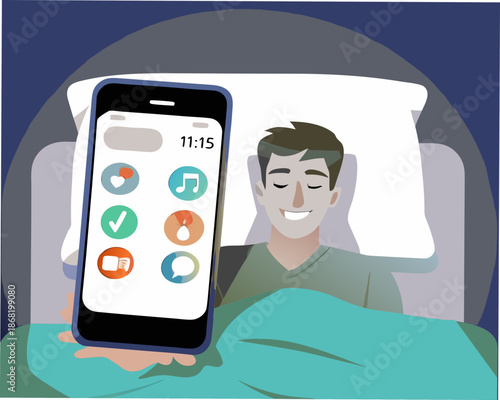 Man relaxing in bed with smartphone before sleep