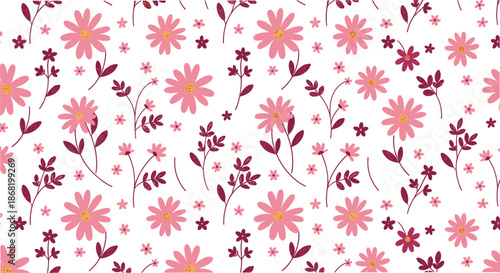 Seamless floral pattern with pink flowers and decorative leaves for spring and summer design isolated on white flat vector illustration