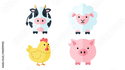 Cute Flat Design Farm Animal Character Set with Cow Sheep Hen and Pig