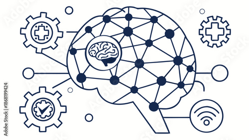 Brain Neural Network and Data Connection Line Icons Set