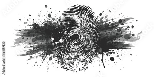 Stylized black and white fingerprint design with chaotic ink splashes