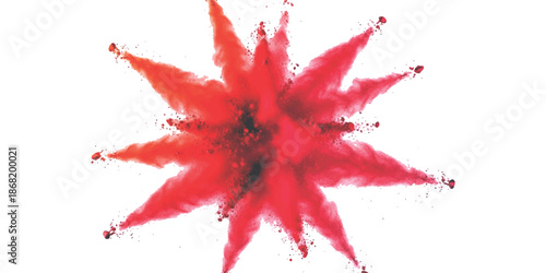 A dynamic burst of red color powder exploding outwards against a clean white background