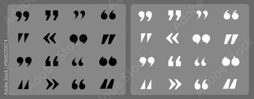 Quotation Marks Icons Set in Black and White on Dark Background, Quote Symbols for Typography, UI, Editorial and Graphic Design.