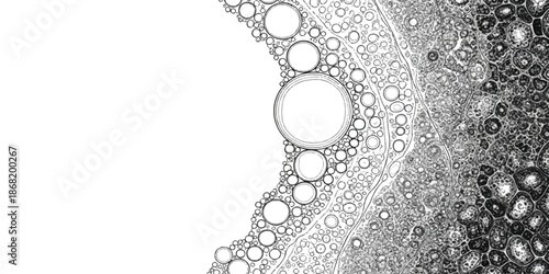 Abstract black and white drawing of microscopic cellular structures with copy space