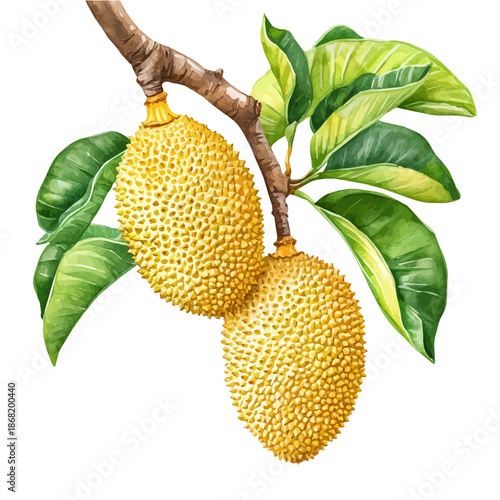 Tableau sur toile Jackfruit On A Tree Branch, realistic watercolor illustration vector, isolated on a white background