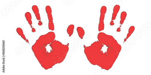 A pair of vivid red handprints facing each other on a clean white background