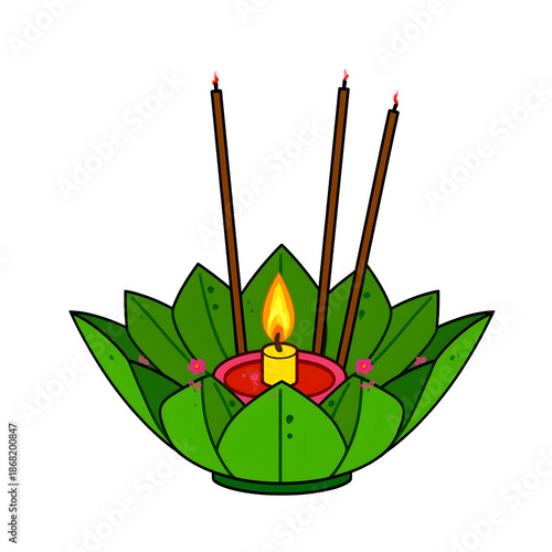 Krathong with Candles and Incense Vector – Thailand Tradition Celebration