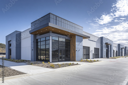 Modern industrial warehouse building with glass entrance and metal siding under bright blue sky, showcasing contemporary architecture and clean concrete pavement