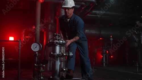 Worker checks equipment in industrial facility at night