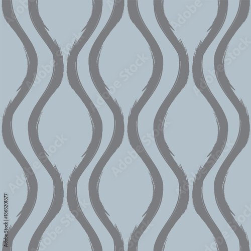Seamless pattern featuring abstract gray brush-stroke wavy lines on a light slate blue background, contemporary organic texture for modern home decor and branding.
