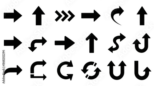 Collection of various black arrows and curved symbols
