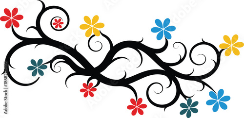 Vibrant floral design with colorful flowers and twirling branches
