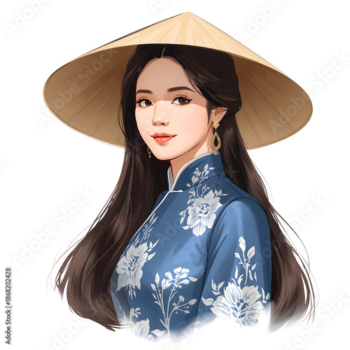 Vietnamese Woman in Áo Dài and Nón Lá – Traditional Vietnam Portrait Illustration