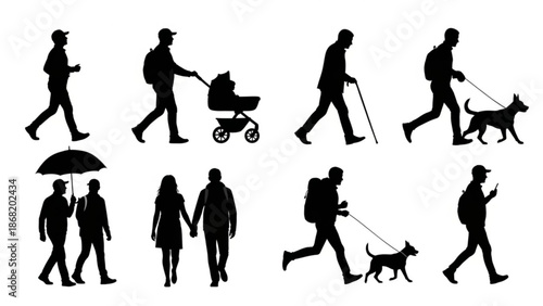 Black silhouettes of people walking in various poses and activities