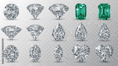 Collection of various diamond and emerald gemstones in different cuts and shapes