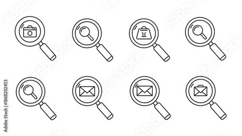 A set of eight magnifying glass icons for search and inspection purposes