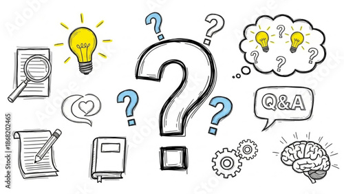 A collection of question marks and symbols for faq and problem solving