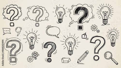 Collection of question marks and light bulbs on a beige background with various icons and symbols for thinking and ideas