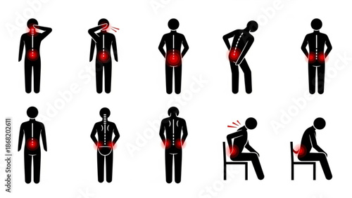 Back pain infographic with various poses and red highlighted areas