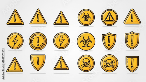 Collection of yellow warning signs and icons on with exclamation marks and symbols