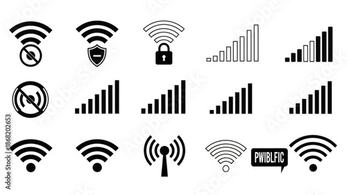 Collection of various wifi signal and network security icons
