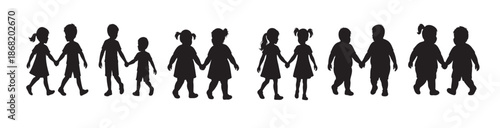Set of Silhouette of children walking in pairs, isolated on white background, graphic illustration. concept of childhood, friendship, boys, girls, social, playful interaction, icon, design element