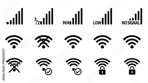 Collection of various wifi signal strength icons and symbols