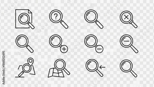 Collection of various magnifying glass icons and symbols for search and investigation purposes