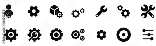 Setup and Settings Icons Set. Collection of simple linear web icons such Installation, Settings, Options, Download, Update, Gears and others and others. Editable vector stroke.