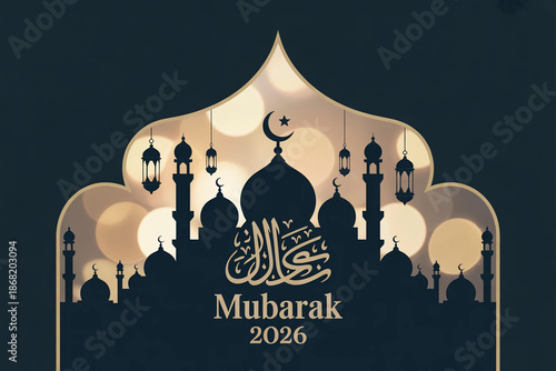 Elegant mosque silhouette wishes mubarak for the year twenty twenty six