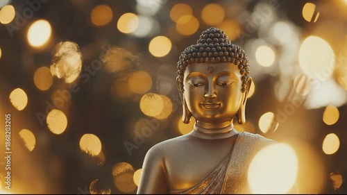 A serene Buddha statue illuminated by shimmering golden lights.