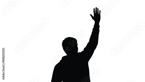 Silhouette of a person with one arm raised high in a triumphant gesture or energetic wave against a plain white background symbolizing victory or greeting