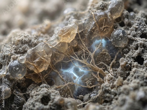 Extreme close up of translucent gel structures and fine threads embedded in rough gray material