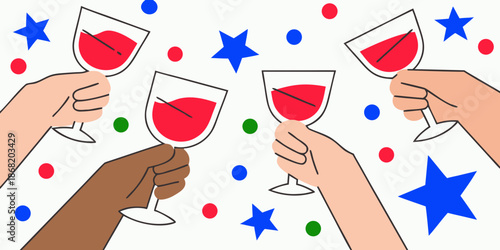 A cheerful toast hands raising wine glasses with festive confetti and stars