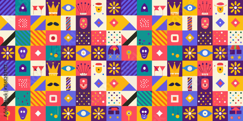 Colorful geometric pattern featuring crowns eyes and playful abstract shapes