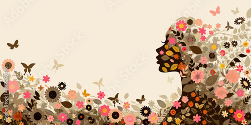 A woman s profile composed of flowers and butterflies in soft tones