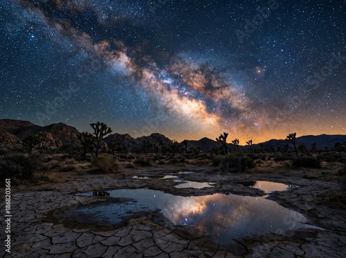 Night sky panorama featuring the Milky Way reflected in desert pools below Joshua trees
